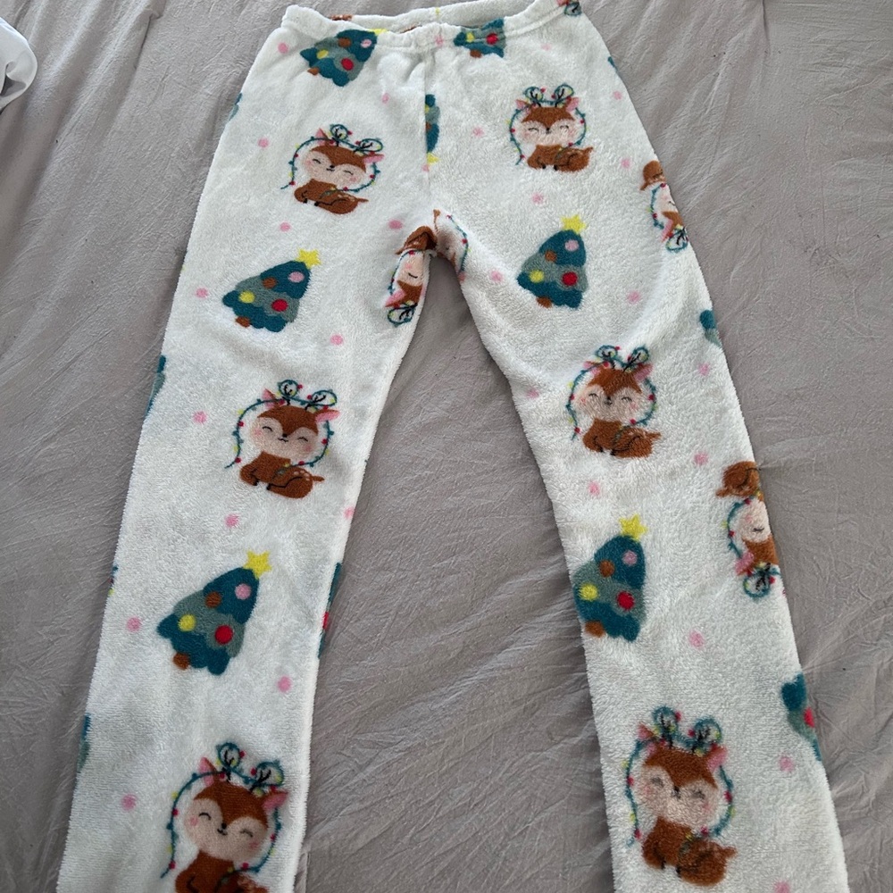 Cozy White Pajama Pants with Reindeer and Tree Print